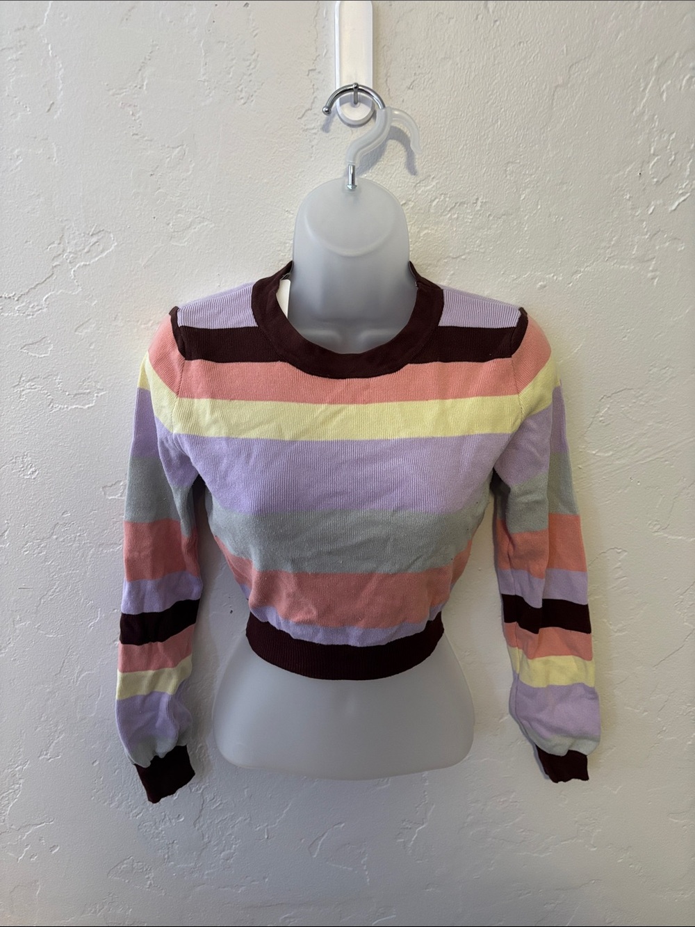 Full Tilt Multicolor Striped Cropped Sweater - Pastel Rainbow